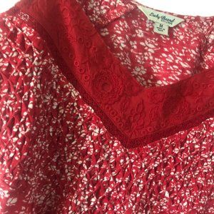 Lucky Brand Red White Floral Embroidered Neckline